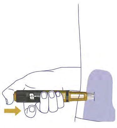 Mano che tiene un dispositivo per iniezione auto-somministrativa con ago inserito nel tessuto sottocutaneo della coscia freccia indica la direzione