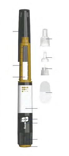 Penna per insulina con componenti separate: ago, cappuccio protettivo e adattatore, su sfondo bianco