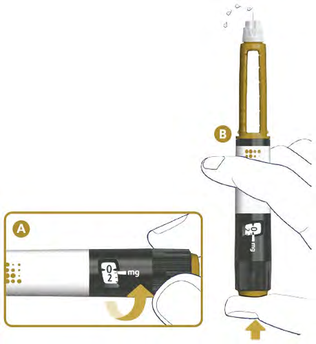 Penna iniettabile gialla e bianca tenuta in mano con indicazione di dosaggio e freccia direzionale su un ingrandimento laterale