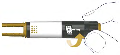 Penna per iniezione con indicatore di dose impostato su 24 mg e freccia gialla che indica la rotazione per la selezione