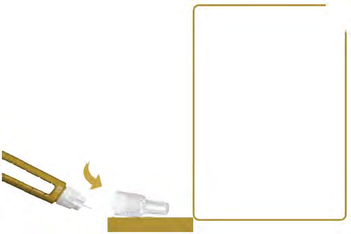 Siringa pre-riempita con ago protetto da cappuccio, connessione di due componenti con freccia indicante la direzione