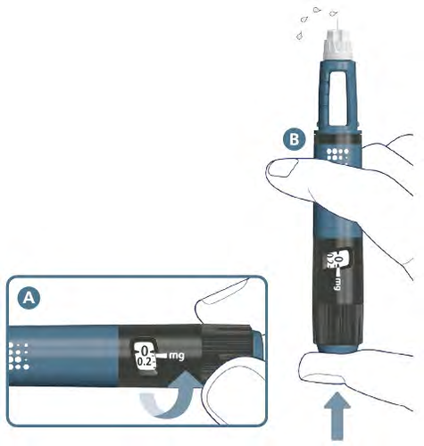 Penna per iniezione blu in mano con indicatore di dose e freccia direzionale, dettaglio del meccanismo di dosaggio con scala da 0 a 0,2 mg