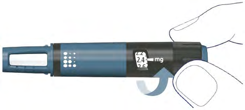 Penna per iniezione blu con display digitale che indica 2,4 mg e freccia blu che indica la regolazione della dose