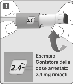 Penna iniettabile con indicatore di dose 2,4 mg e freccia che indica la rotazione per visualizzare la dose rimanente
