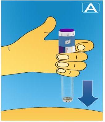 Mano che tiene un dispositivo autoiniettante viola e blu sopra la pelle arancione con una freccia blu che indica verso il basso