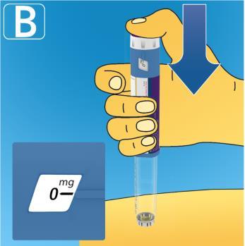 Mano che tiene un dispositivo per iniezione con ago rivolto verso la pelle addominale con indicazione di dosaggio 0 mg