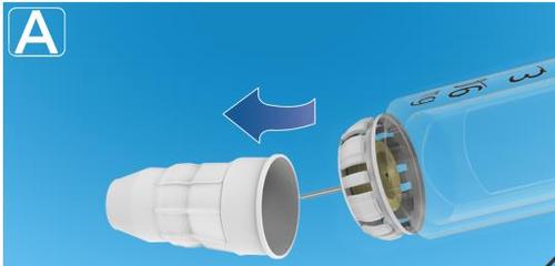Siringa preriempita con ago protetto da cappuccio bianco e freccia blu che indica la rimozione del cappuccio protettivo