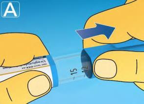 Mano che tiene una penna iniettabile con ago trasparente e scala graduata da 12 a 15 unit&agrave;, freccia blu indica la direzione