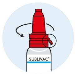 Flacone spray nasale rosso e bianco con freccia curva che indica la rotazione del tappo superiore