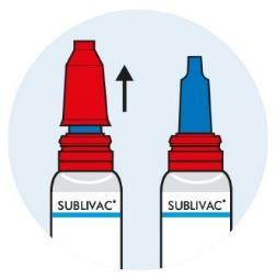 Due flaconi spray nasali Sublivac, uno rosso e uno blu, con freccia nera che indica l