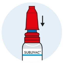 Flacone Sublivac con tappo rosso e blu, freccia nera che indica la direzione verso il basso e sfondo azzurro chiaro