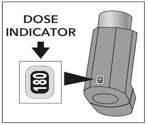 Inalatore dosato grigio con indicatore di dose e finestra numerica che mostra il valore 180 con freccia direzionale