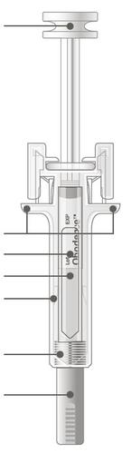 Siringa pre-riempita trasparente con stantuffo graduato e ago protetto da cappuccio scorrevole