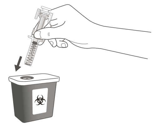 Mano che inserisce una siringa usata in un contenitore per rifiuti speciali con simbolo biohazard nero su sfondo grigio