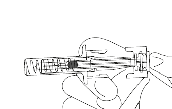 Mano che tiene una siringa preriempita con stantuffo a molla visibile e ago esposto per l