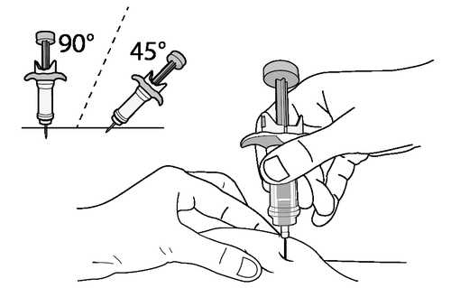 Siringa con ago che viene iniettato nella pelle a 45&deg; e 90&deg;, mano che tiene la siringa durante l