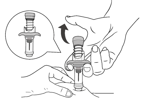 Mano che ruota un dispositivo medico a forma di cilindro con una freccia curva e un ingrandimento del meccanismo interno