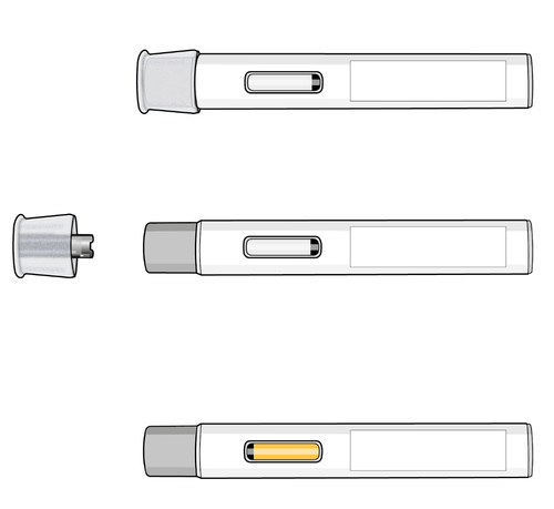 Penna iniettabile con ago protettivo, vista in tre fasi di preparazione e utilizzo con stantuffo giallo