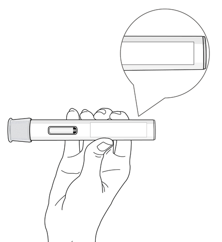 Penna iniettabile tenuta in mano con ingrandimento del meccanismo di rilascio del farmaco
