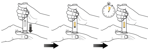 Mano che stringe un autoiniettore con frecce nere che indicano la pressione e la rotazione durante l