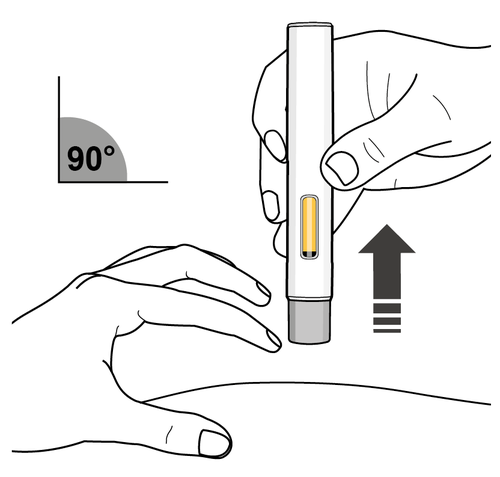Penna iniettabile bianca e gialla tenuta in mano con freccia direzionale verso il basso e angolo di 90 gradi indicato