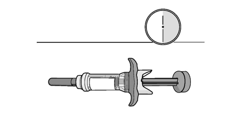 Siringa pre-riempita con ago protetto da cappuccio, indicazione di dosaggio circolare con punto centrale e linea orizzontale