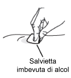 Mano che stringe una siringa con ago inserito nella pelle, accanto una salvietta imbevuta di alcol per la disinfezione