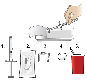 Siringa con ago, tampone imbevuto di alcol, garze, contenitore per oggetti appuntiti e bicchiere rosso su sfondo bianco