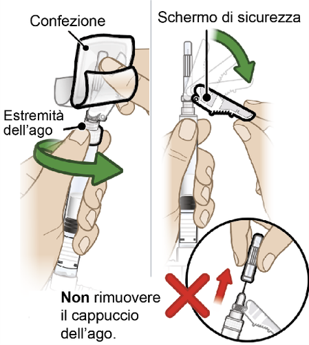 Mano che afferra una siringa preriempita con freccia verde che indica la rimozione del cappuccio protettivo e croce rossa su cappuccio da non togliere