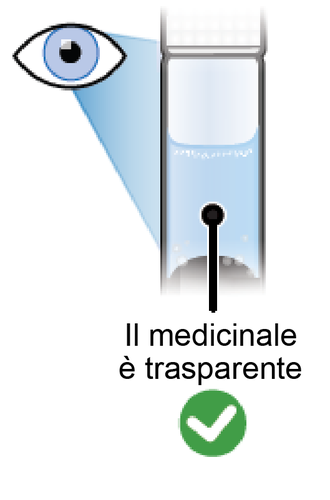 Occhio che guarda attraverso una siringa trasparente con stantuffo nero e medicinale limpido spunta un segno di spunta verde