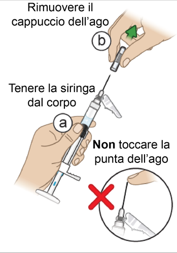 Mano che tiene la siringa, rimozione del cappuccio dell