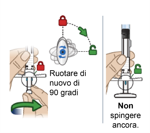 Mani che tengono un dispositivo medico con serrature aperte e chiuse, frecce curve e scritta
