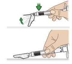 Penna per iniezione con ago protetto da cappuccio scorrevole e frecce verdi che indicano la direzione di rimozione del cappuccio e posizionamento