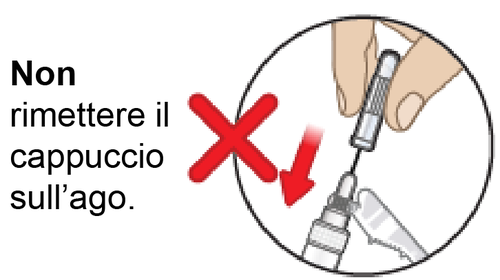 Siringa con ago inserito e cappuccio rosso barrato da una X, freccia rossa indica di non rimettere il cappuccio sull