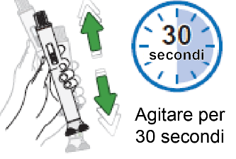 Mano che agita un dispositivo medico con frecce verdi e un timer che indica 30 secondi, con la scritta