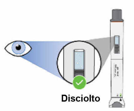 Penna iniettabile con ago trasparente, occhio che osserva e frecce che indicano il corretto funzionamento del dispositivo e la soluzione iniettabile
