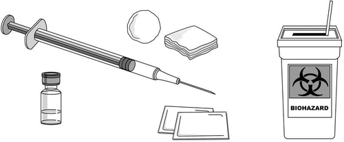 Siringa, flacone con tappo, tamponi di garza, contenitore per rifiuti biologici e fiala di vetro disposti su una superficie bianca