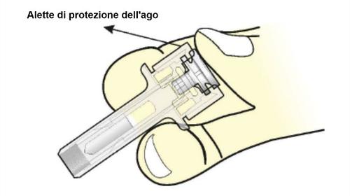Siringa preriempita con ago protetto da cappuccio di sicurezza trasparente e meccanismo di blocco visibile