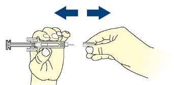 Mano che tiene una siringa pre-riempita con ago, frecce blu indicano movimento di connessione con un adattatore cilindrico trasparente