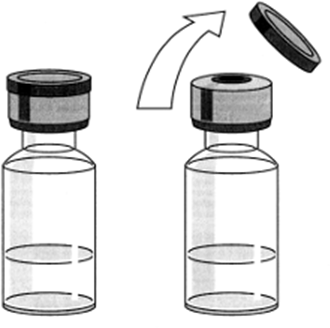 Fiala di vetro con tappo nero, una chiusa e l