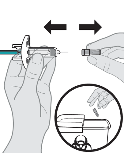 Mano che tiene un dispositivo per iniezione con ago, frecce direzionali e dettaglio di cartuccia in confezione con simbolo di rischio biologico