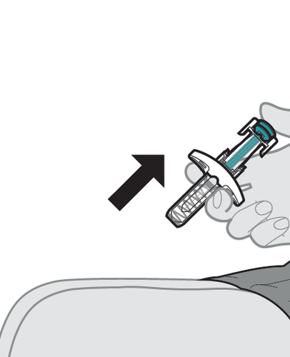 Siringa pre-riempita con ago inserito nella pelle, freccia nera indica la direzione di iniezione sottocutanea