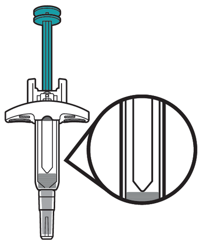 Dispositivo medico con stantuffo azzurro e corpo bianco, dettaglio ingrandito dell