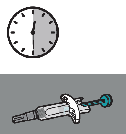 Orologio che indica le 10:10 sopra una siringa pre-riempita con ago protetto da cappuccio di sicurezza