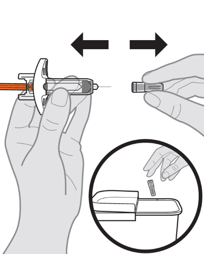 Dispositivo di iniezione pre-riempito tenuto in mano con ago esposto e meccanismo di attivazione visibile, dettaglio di cartuccia in confezione
