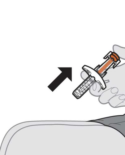 Siringa pre-riempita con ago inserito nella pelle, freccia nera indica la direzione di iniezione