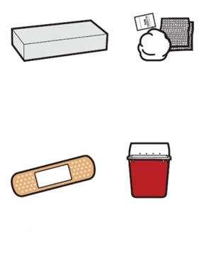 Confezione di farmaco, batuffolo di cotone, cerotto adesivo e contenitore rosso per oggetti appuntiti