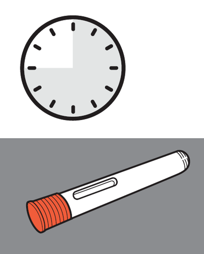 Orologio con indicazione delle ore 17 e test di gravidanza con area di lettura centrale e manico arancione