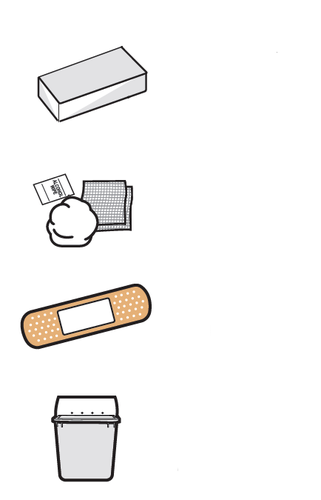 Confezione del farmaco, bustina, mano che stringe un tampone, cerotto adesivo e contenitore per rifiuti medici