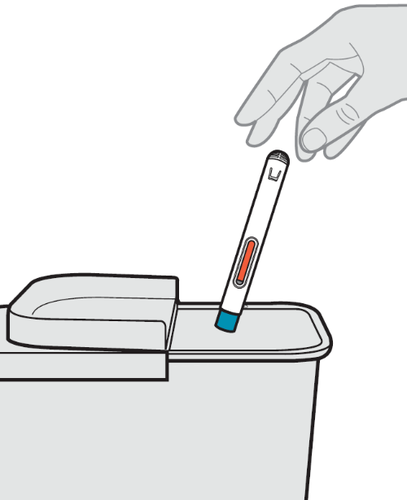 Mano che inserisce una penna precompilata con ago blu in un contenitore per oggetti appuntiti grigio